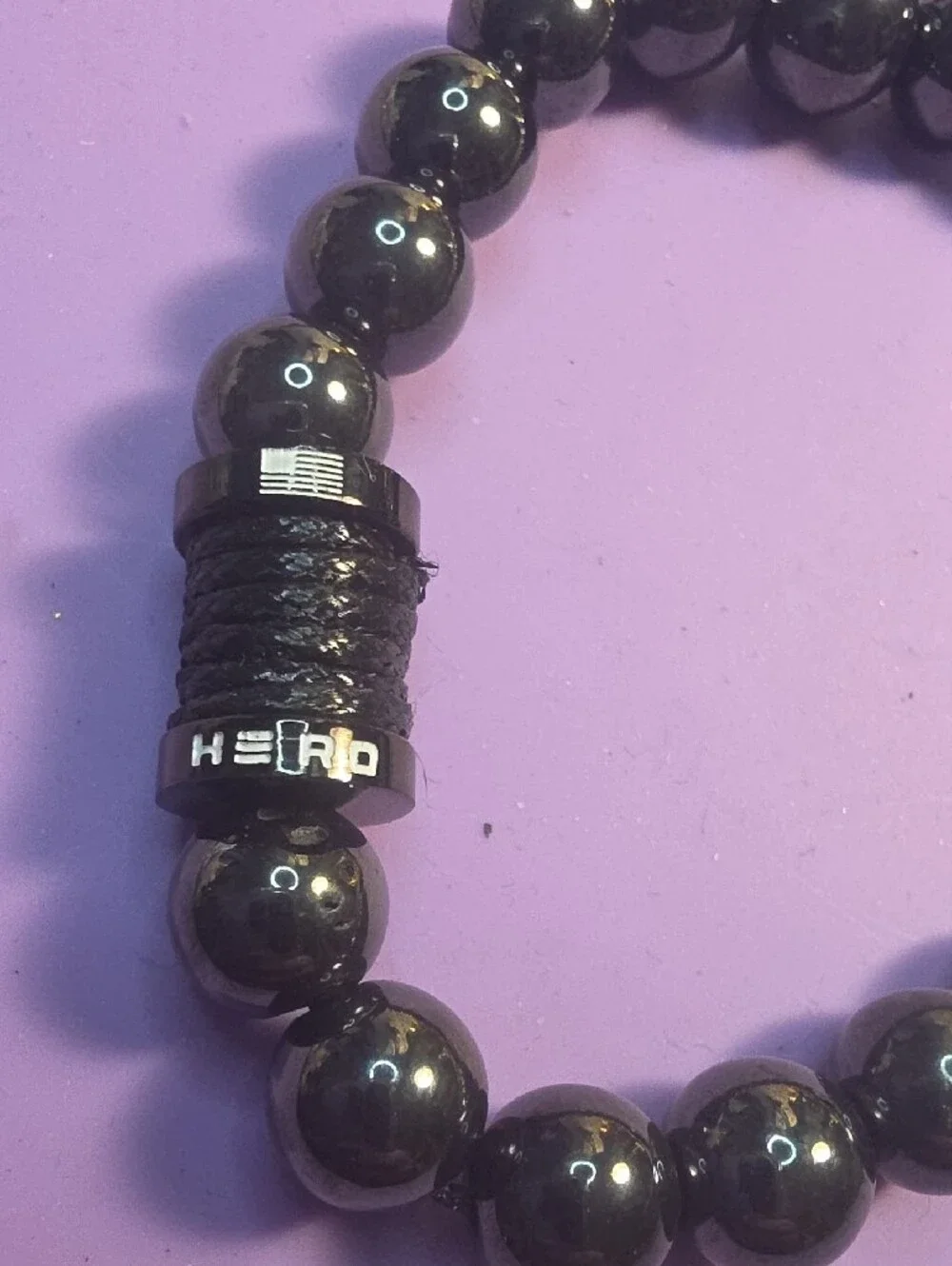 Men’s Black Magnetic Hematite Beaded Adjustable Bracelet with Branded Accent